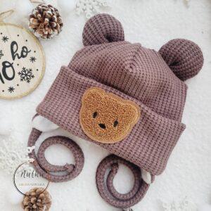 Czapka zimowa z uszkami i misiem cappucino