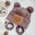 Czapka zimowa z uszkami i misiem cappucino