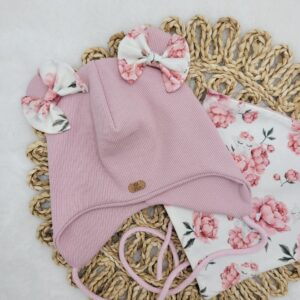 Czapka wiązana dziewczęca i chusta Peony róż pastelowy