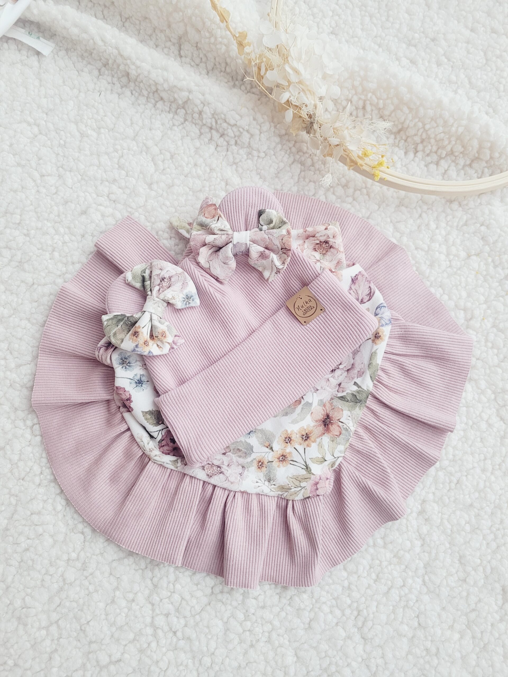 Komplet dla dziewczynki z kokardkami Purple Garden pastelowy róż