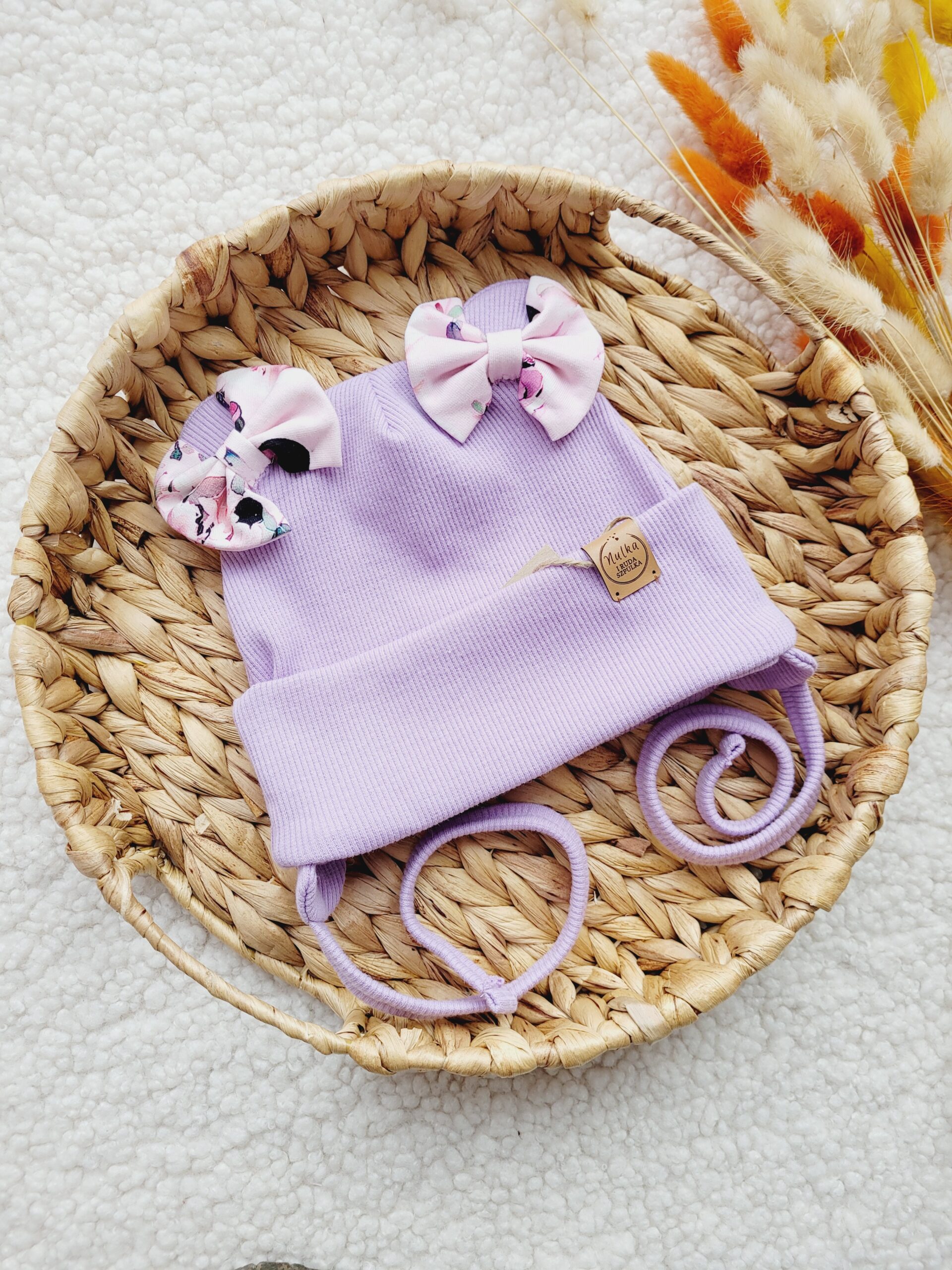 Czapka wiązana dla dziewczynki z kokardkami Minnie lawenda