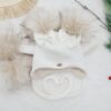 Komplet zimowy dla dziewczynki z pomponami i kokardkami, ecru polar jasny beż