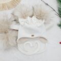 Komplet zimowy dla dziewczynki z pomponami i kokardkami, ecru polar jasny beż