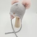 Czapka zimowa wiązana jasny szary melanż pompony pastelowy róż