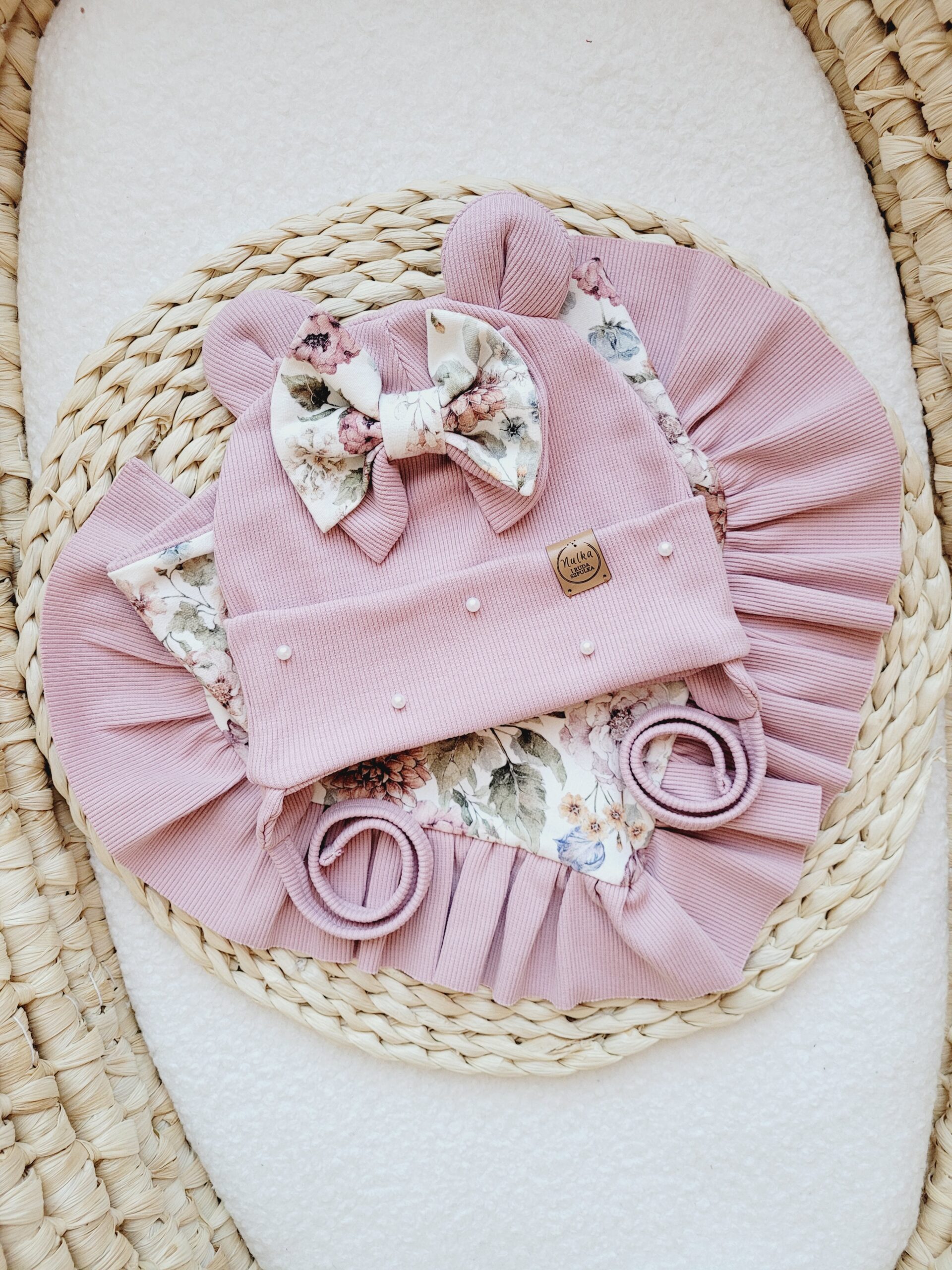 Komplet dla dziewczynki z kokardką Purple Garden pastelowy róż