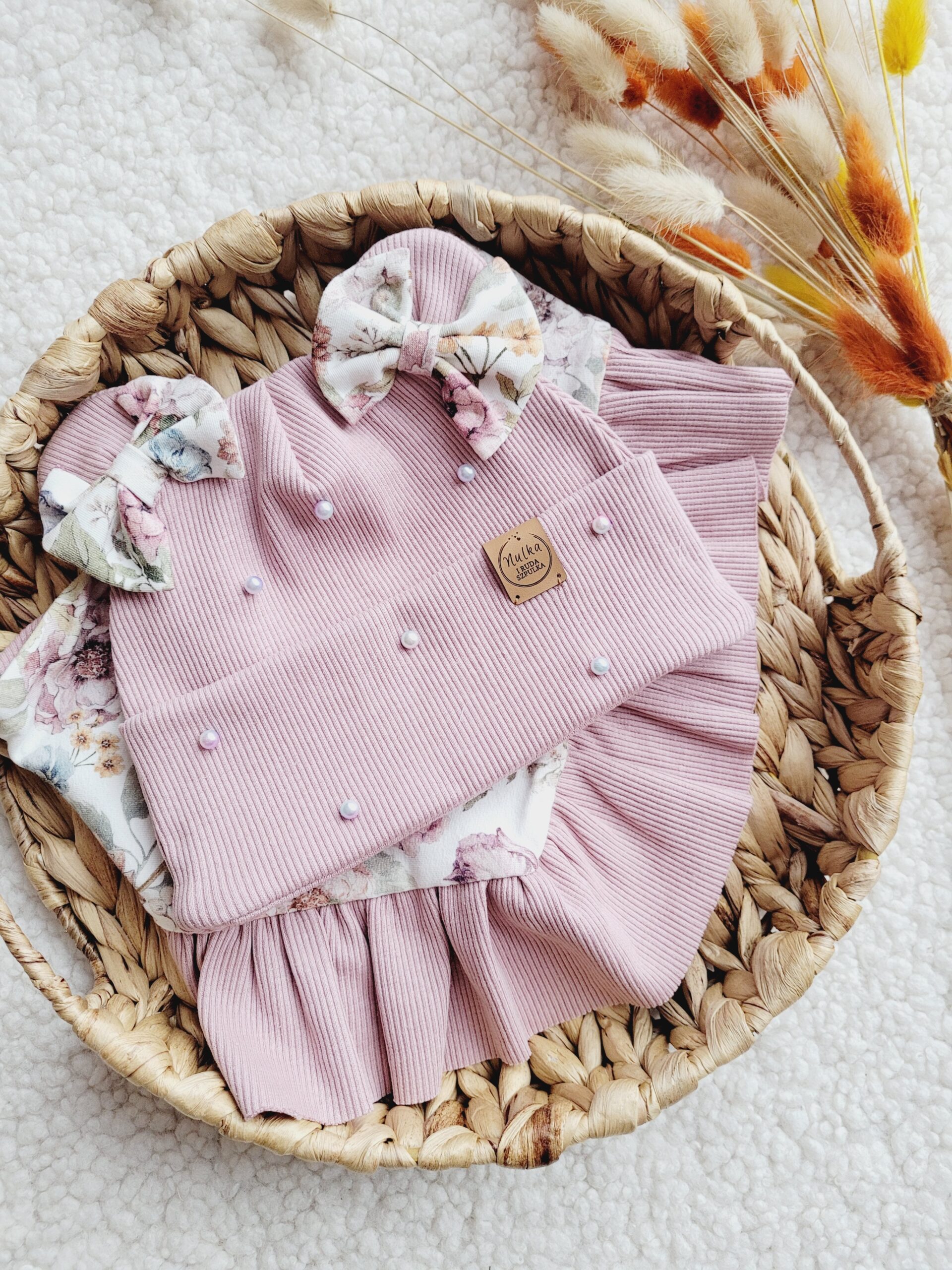 Komplet wiązany dla dziewczynki z kokardkami purple Garden perełki róż pastelowy