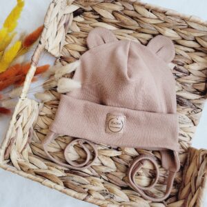 Czapka z uszami dziecięca prążkowana karmelowy jasny