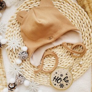 Czapka pilotka prążkowana misiowe uszy cynamon polar jasny beż