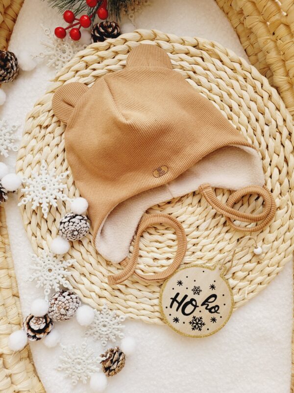 Czapka pilotka prążkowana misiowe uszy cynamon polar jasny beż