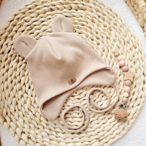 Czapka pilotka prążkowana misiowe uszy jasny beż