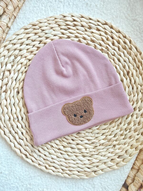 Czapka prążkowana z misiem pastelowy róż
