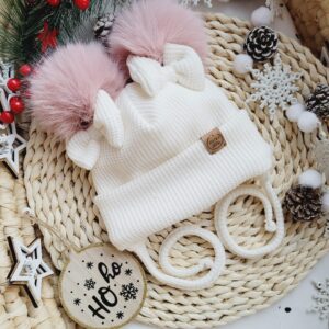 Czapka zimowa dla dziewczynki wiązana z pomponami i kokardkami - kolory do wyboru