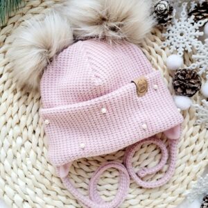 Czapka zimowa dla dziewczynki wiązana z pomponami i perełkami - kolory do wyboru