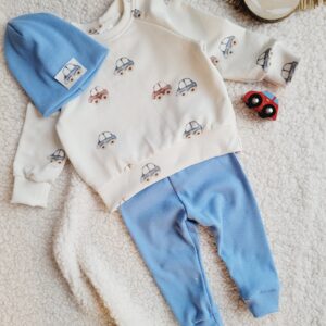 Dziecięca bluza Autka niebieskie legginsy prążkowane