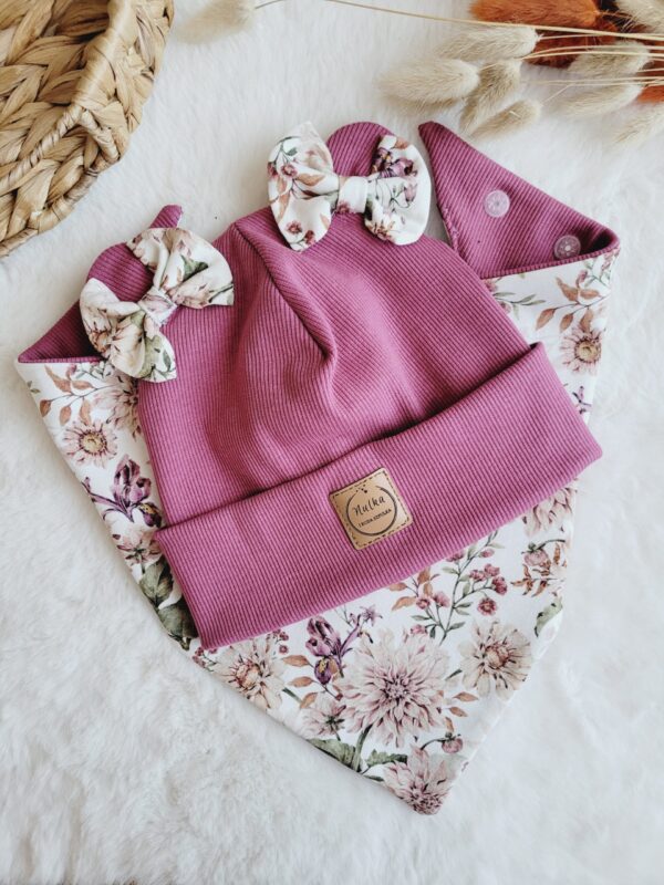 Czapka i chusta wrzosowy róz Dalie