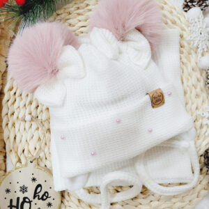 Komplet zimowy dla dziewczynki z pomponami kokardkami i perełkami - kolory