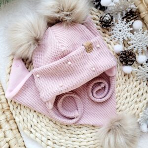 Komplet zimowy dla dziewczynki z pomponami i perełkami - kolory