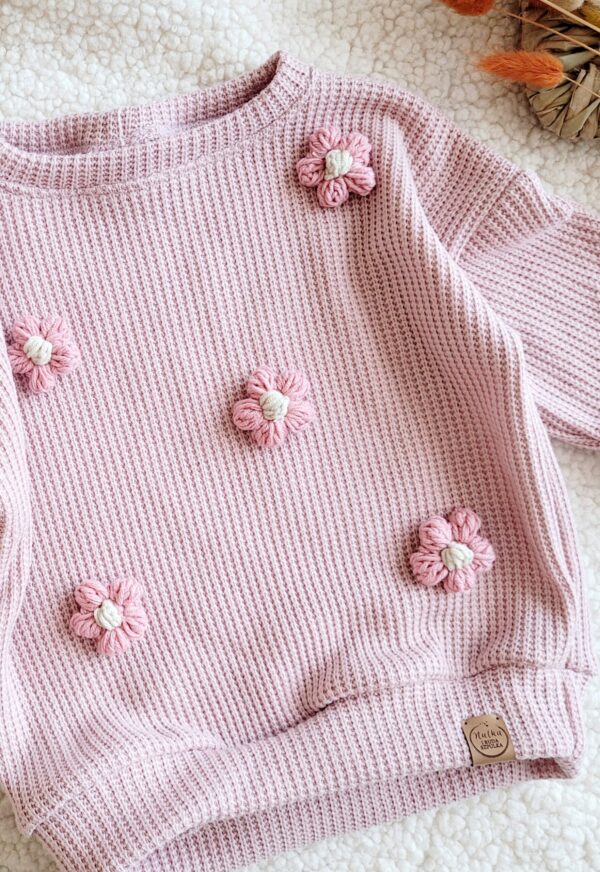 Sweterek dla dziewczynki pastelowy róż kwiaty brundy róż