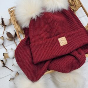 Komplet zimowy wiązany z pomponami dla dziecka - bordowy