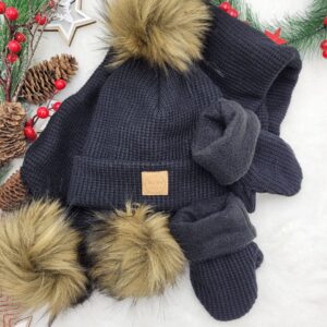 Komplet zimowy wiązany z pomponami dla dziecka - czarny