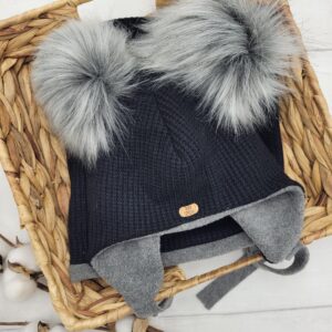 Komplet zimowy z pomponami dla dziecka wiązany - czarny